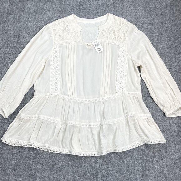 Cloth & Portrait Tiered Peasant Top Womens Large Lace Accent Ivory NEW W Tags - Picture 1 of 12